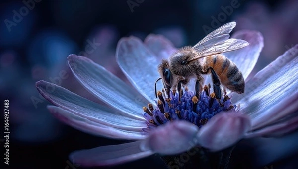 Fototapeta A honeybee, detailed and in sharp focus, collects pollen from a pale purple flower's center.  The background is softly blurred, emphasizing the bee and bloom