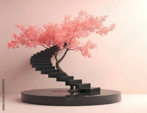 Fototapeta A black spiral staircase ascends around a delicate pink flowering tree situated on a circular platform against a pale pink backdrop