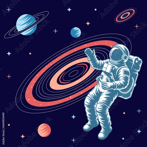 Fototapeta Astronaut Floating in Space with Ringed Galaxy and Planets Vector Illustration