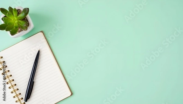 Obraz Mint Green Desk Flatlay: Open Notebook, Pen, Succulent, Copy Space, Minimalist, Fresh, Clean, Organized Workspace.