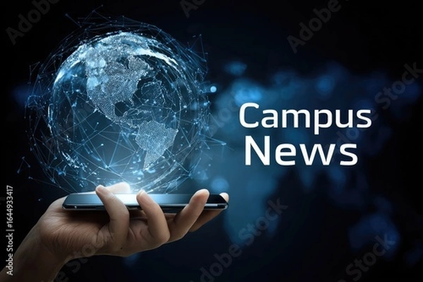 Obraz A hand holds a phone displaying a 3D globe with "Campus News" text overlayed.  Abstract network lines surround the globe