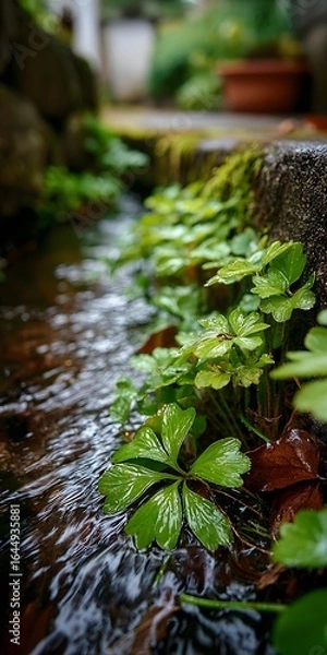 Fototapeta Close-up image of green plants in a small stream in a village.