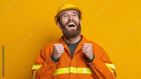 Fototapeta Construction worker wearing a bright orange safety jacket with reflective yellow stripes and a yellow hard hat, smiling broadly and raising clenched fists in celebration. Safety, teamwork, motivation