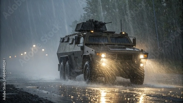 Fototapeta Armored vehicle navigating through heavy rainstorm