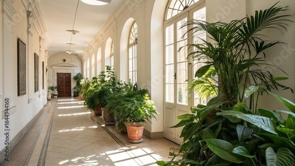 Fototapeta Sunlit corridor adorned with lush greenery and elegant architecture