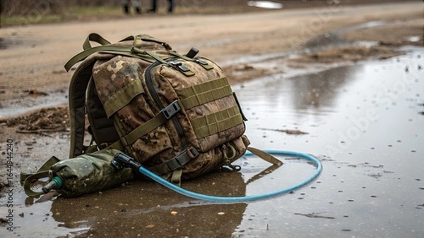 Fototapeta Tactical backpack with hydration system in a rugged environment