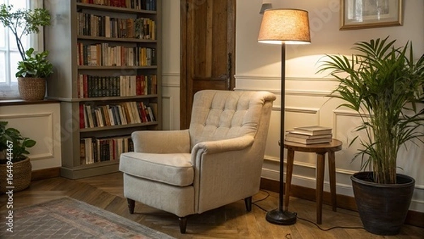 Fototapeta Cozy reading nook with armchair and bookshelf