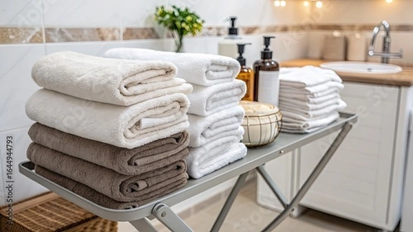Fototapeta Neatly arranged towels in a modern bathroom setting