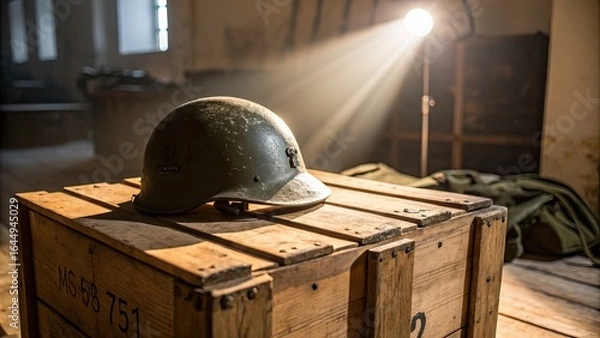 Fototapeta Vintage military helmet resting on a wooden crate in dim light