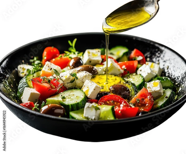 Obraz Pouring olive oil over a fresh greek salad isolated on transparent background