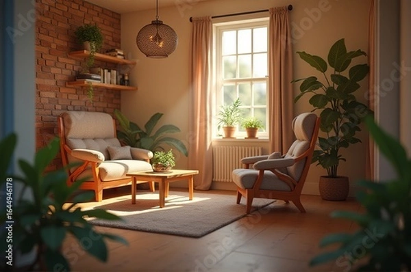 Fototapeta Sunlight filters through the window, illuminating a cozy living room featuring wooden furniture, houseplants, and a warm ambiance, perfect for relaxation and comfort