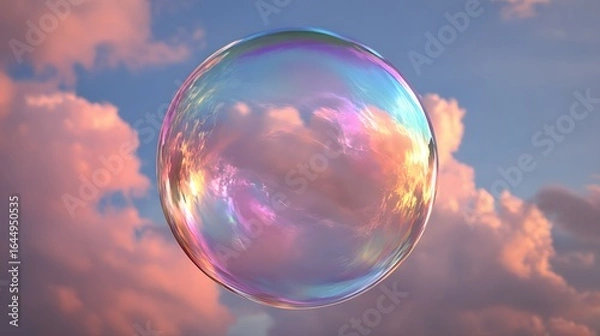 Fototapeta A large, iridescent soap bubble reflecting a pastel sunset sky.