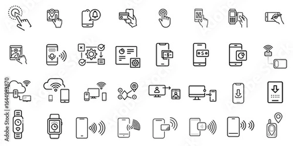 Fototapeta Mobile phone and technology icon set of smartphone, message, battery, wifi and app symbols for blogs, websites, UI kits, clipart and presentations