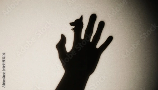 Fototapeta Hand shadow forming a wolf on a wall for Halloween concept  