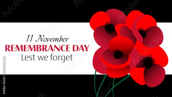 Obraz Vector illustration of remembrance day horizontal banner with red poppies on black background