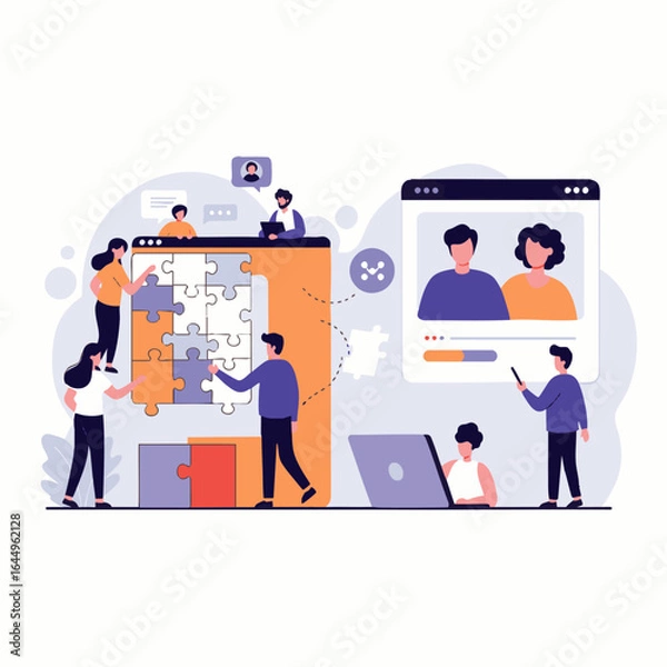 Fototapeta Diverse team members collaborate remotely, connecting through technology for online meetings, fostering global teamwork and digital inclusivity in a hybrid work environment.