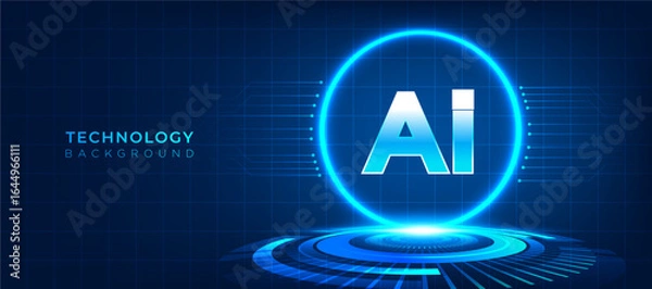 Obraz AI technology background vector with glowing blue neon circle and futuristic grid floor, perfect for website banner, presentation, Modern, artificial intelligence design