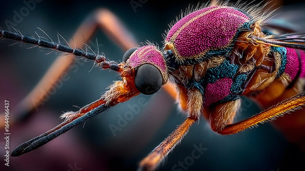 Fototapeta Colorful macro shot of malaria mosquito with water droplets