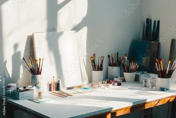 Fototapeta simple creative station with art supplies arranged neatly, white tabletop, sunbeam
