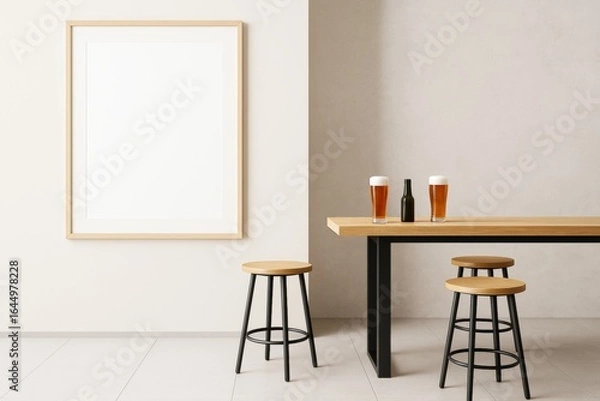 Fototapeta Contemporary minimalist bar interior with wooden stools and blank frame for mockup on light wall, featuring drinks on table in clean modern space.