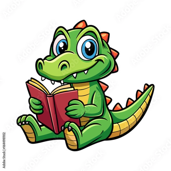 Fototapeta Cute cartoon alligator sitting and reading a book, vector character illustration