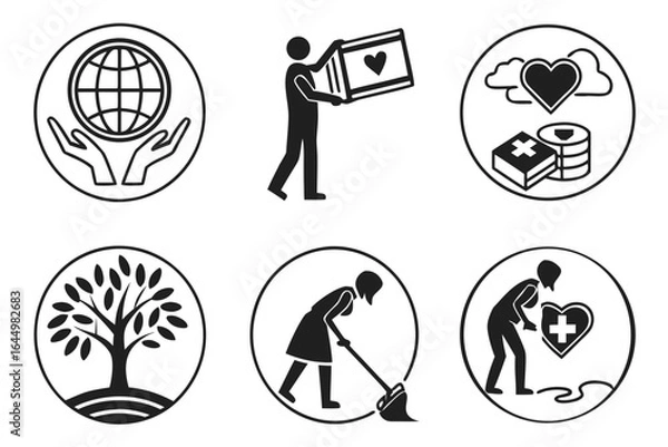 Fototapeta Diverse Icons Representing Global Care Generosity Health Nature and Community Service.