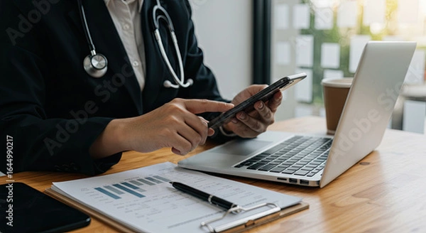 Obraz man working on laptop and mobile 