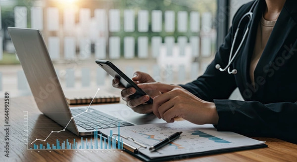 Obraz man working on laptop and mobile 
