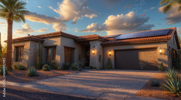 Obraz Warm Desert Ranch Home at Sunset with Cactus Garden