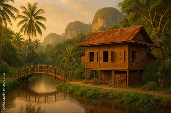 Obraz Tropical Wooden Riverside House with Arched Bridge at Sunset