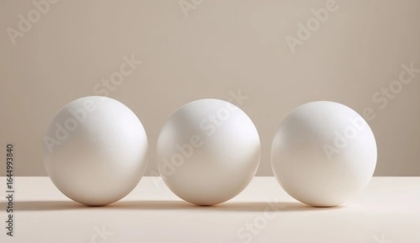 Fototapeta Three white spheres in a row on a light beige surface
