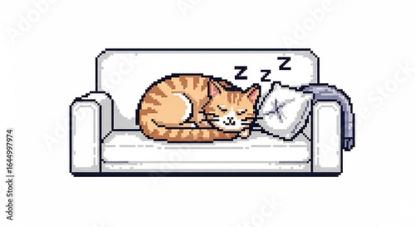 Obraz Cute Sleeping Cat Pixel Art on White Sofa