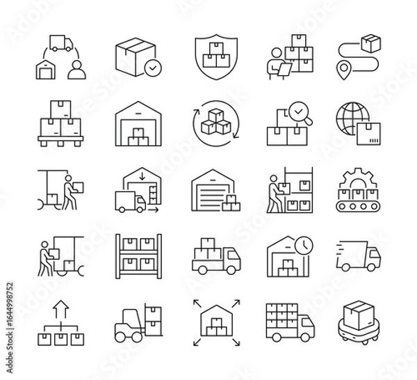 Fototapeta Warehouse delivery line icons set. Parcel logistics delivery symbols outline icons collection. Delivery methods, courier, order tracking, box, parcel protection stock vector. sign symbol supply chain.