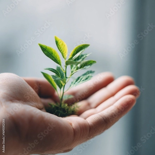 Fototapeta Image of leaves with soil underneath in a hand ready for planting, bokeh background and copyspace, color image