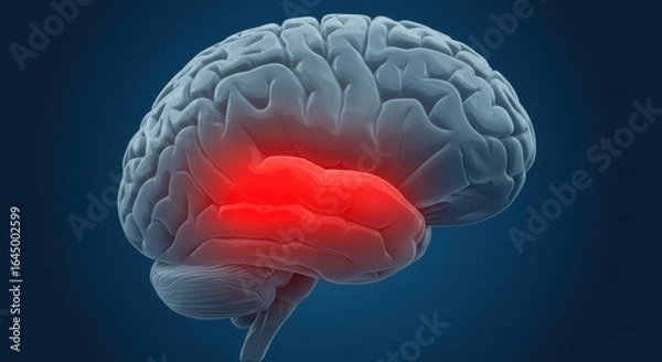Fototapeta Conceptual 3D rendering of the human brain with a red pain indicator
