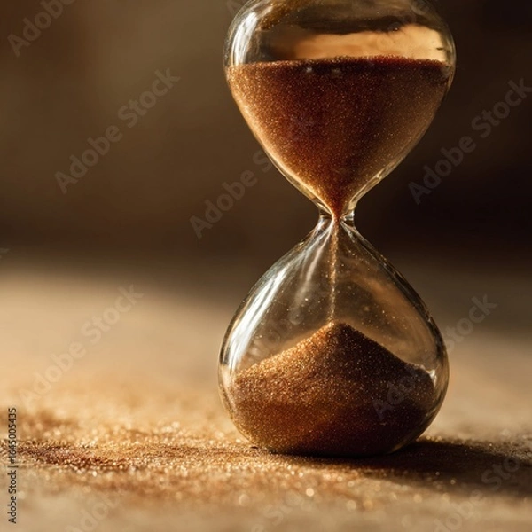 Fototapeta An image of an hourglass with a brown background and sand on the floor. Image with copyspace.