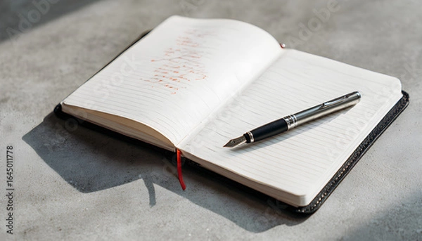 Fototapeta Open notebook with pen on grey surface showcasing writing concept of Halloween  