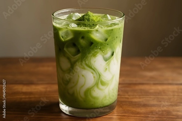 Fototapeta Iced Matcha Latte with Milk