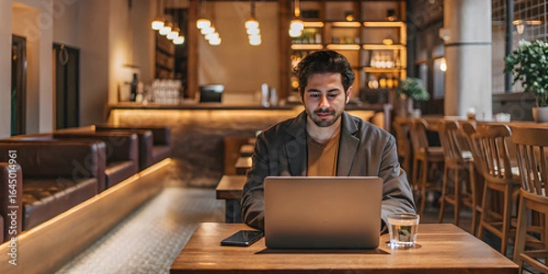 Fototapeta Mental health awareness in work with cognitive function concept. entrepreneur working on a laptop in a coffee shop