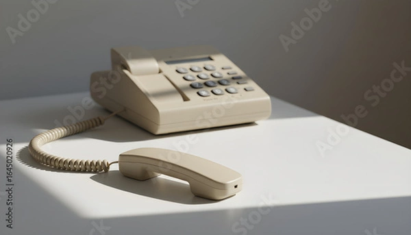 Fototapeta Beige corded telephone off the hook on a white desk in daylight  