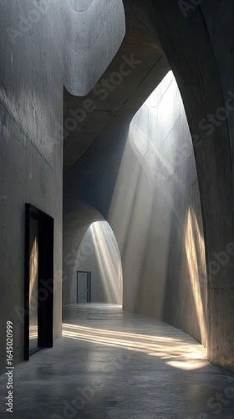 Fototapeta Abstract concrete gallery interior, sunlight streams through arched openings