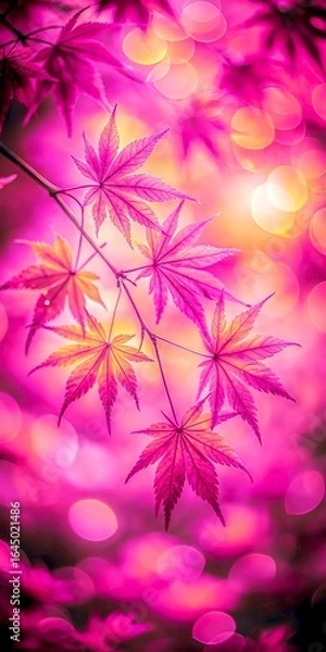 Fototapeta Vibrant Pink Maple Leaves Illuminated by Golden Sunlight and Bokeh Effect