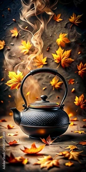 Fototapeta Steaming Kettle Surrounded by Autumn Leaves on a Textured Surface