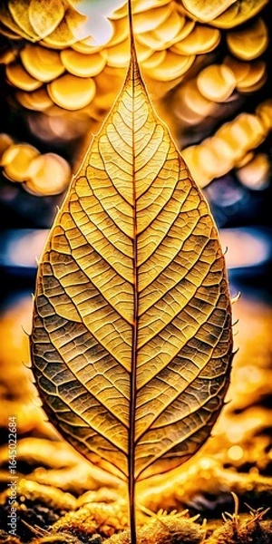 Fototapeta A Captivating Macro Shot of a Golden Leaf with Bokeh Lights
