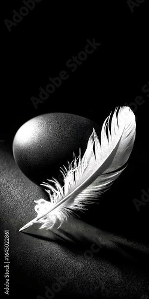 Fototapeta Abstract Macro Photography of a Delicate Feather and an Egg in Black and White