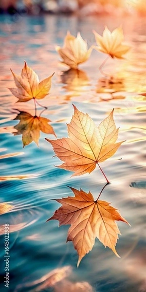 Fototapeta Golden autumn leaves gently floating on calm water with reflections