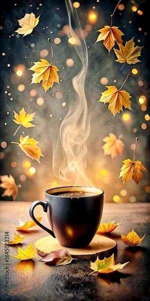 Fototapeta Cozy Autumn Coffee Warmth Amongst Falling Leaves and Soft Bokeh Lights