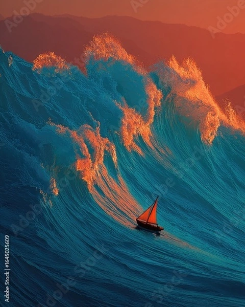 Fototapeta Small sailboat navigating a vibrant sunset-lit, gigantic ocean wave