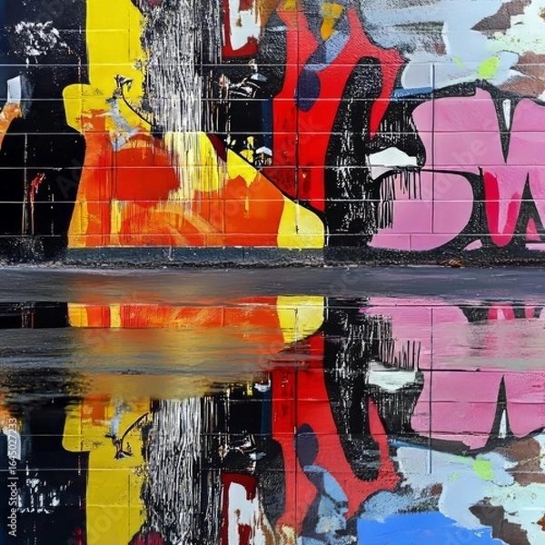Fototapeta Urban Graffiti Reflections A reflective urban wall adorned with expressive graffiti and bold colors raw and artistic