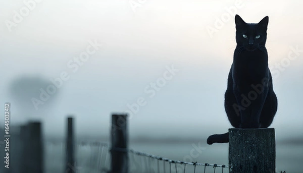 Fototapeta Black cat sitting on a fence post in the fog at dawn, Halloween  